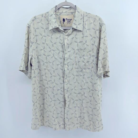 Vintage Silk 100% silk geometric print striped short sleeve button down shirt L - Picture 1 of 6